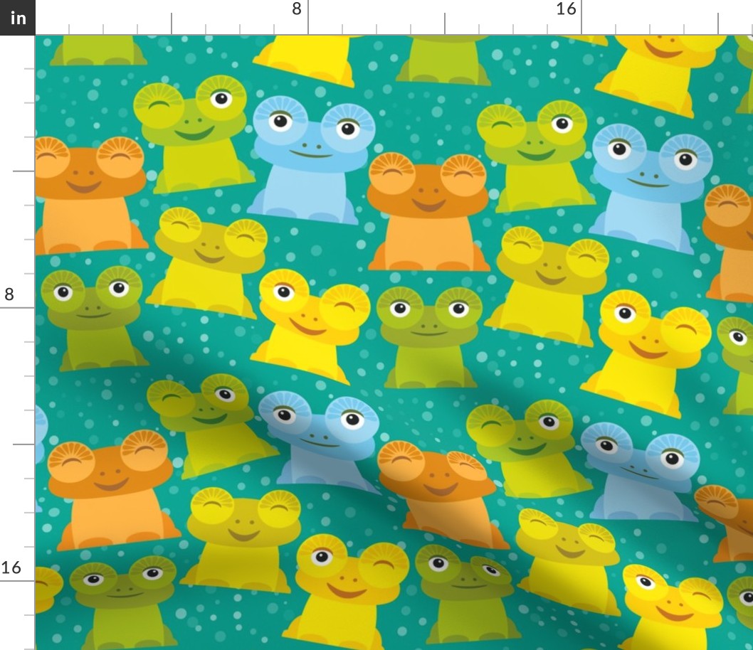 Cute Cartoon funny frog  yellow green blue orange on turquoise background