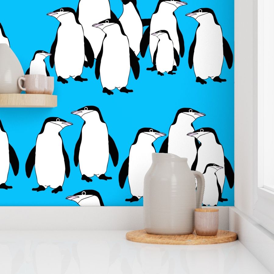 (L) Cute Penguins Rows - Polar Animal Penguin - Aquatic Bird - Black and White on Blue 