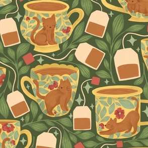Kitten Tea Cups, Tea Bags & Tea Plant on Forest Green | Large | Cozy Evening with Cats Illustrated Pattern