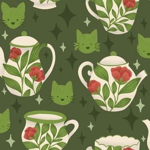 Floral Teapots, Tea Cups and Cat Portraits on Forest Green | Cozy Starry Evening with Kittens Illustrated Pattern