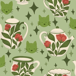 Floral Teapots, Tea Cups and Cat Portraits on Mint Green | Cozy Starry Evening with Kittens Illustrated Pattern