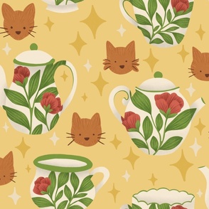 Floral Teapots, Tea Cups and Cat Portraits on Canary Yellow | Cozy Starry Evening with Kittens Illustrated Pattern