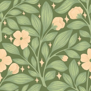 Camellia Sinensis Tea Plant and Stars in Forest Green | Cozy Evening Tea Time Illustrated Pattern