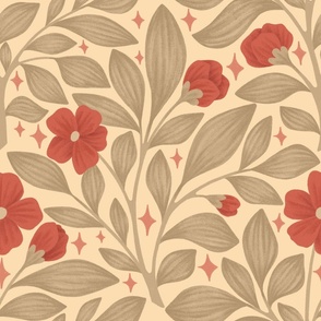Camellia Sinensis Tea Plant and Stars in Autumn Warm Beige and Red | Cozy Evening Tea Time Illustrated Pattern