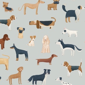 Dog breeds in pale blue jumbo scale