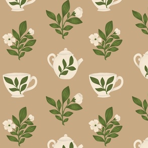 Tea Plant, Tea Cups and Tea Pots with Camellia Flowers on Warm Beige | Cozy Evening Tea Time Hand-Drawn Pattern