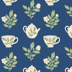 Tea Plant, Tea Cups and Tea Pots with Camellia Flowers on Midnight Blue | Cozy Evening Tea Time Hand-Drawn Pattern