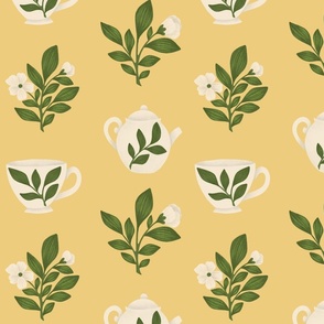 Tea Plant, Tea Cups and Tea Pots with Camellia Flowers on Canary Yellow | Cozy Evening Tea Time Hand-Drawn Pattern