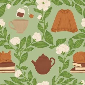 Mint Green Cozy Evening | Tea Pot, Tea cup, Sweater, Cat and Books, with Tea Plants and Camellia Flowers