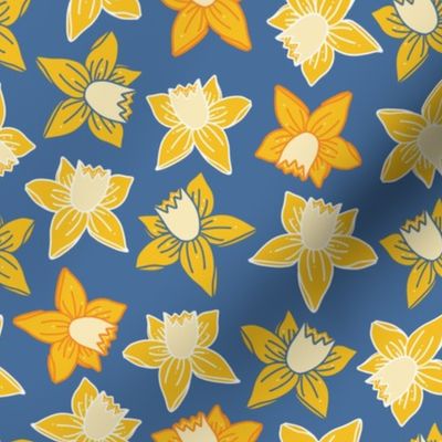 Spring Daffodil Yellow Floral on cornflower blue
