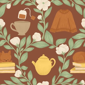 Autumnal Brown Cozy Evening | Tea Pot, Tea cup, Sweater, Cat and Books, with Tea Plants and Camellia Flowers