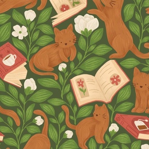 Cute Kittens with Books and Tea Plants on Forest Green | Cozy Bookish Evening with Cats