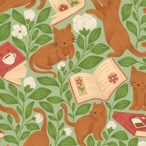 Cute Kittens with Books and Tea Plants on Mint Green | Cozy Bookish Evening with Cats