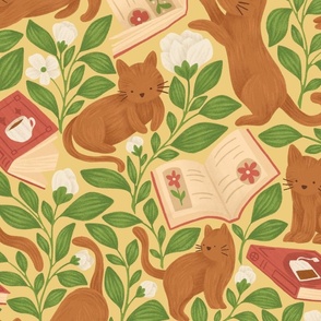 Cute Kittens with Books and Tea Plants on Canary Yellow | Cozy Bookish Evening with Cats