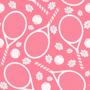 Tennis Racket and Ball - Sport Game and Flowers / Floral in Hot Pink background | Court Sport | Large Scale