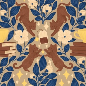 Damask Cats with Books, Teacups, Tea Bag, and Tea Plants on Beige and Blue