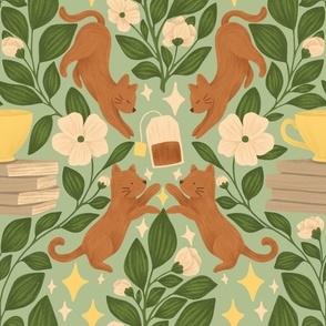 Damask Cats with Books, Teacups, Tea Bag, and Tea Plants on Mint Green