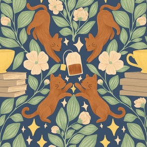 Damask Cats with Books, Teacups, Tea Bag, and Tea Plants on Midnight Blue