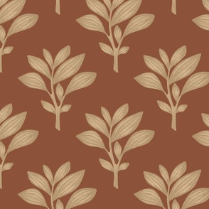 Illustrated Tea Plants Camellia Sinensis on Autumnal Copper Brown | Cozy Tea Time Evening Pattern