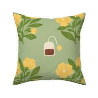 Yellow Camellia Sinensis Flowers, Tea Plant and Tea bags on Mint Green | Cozy Evening Tea Time Pattern