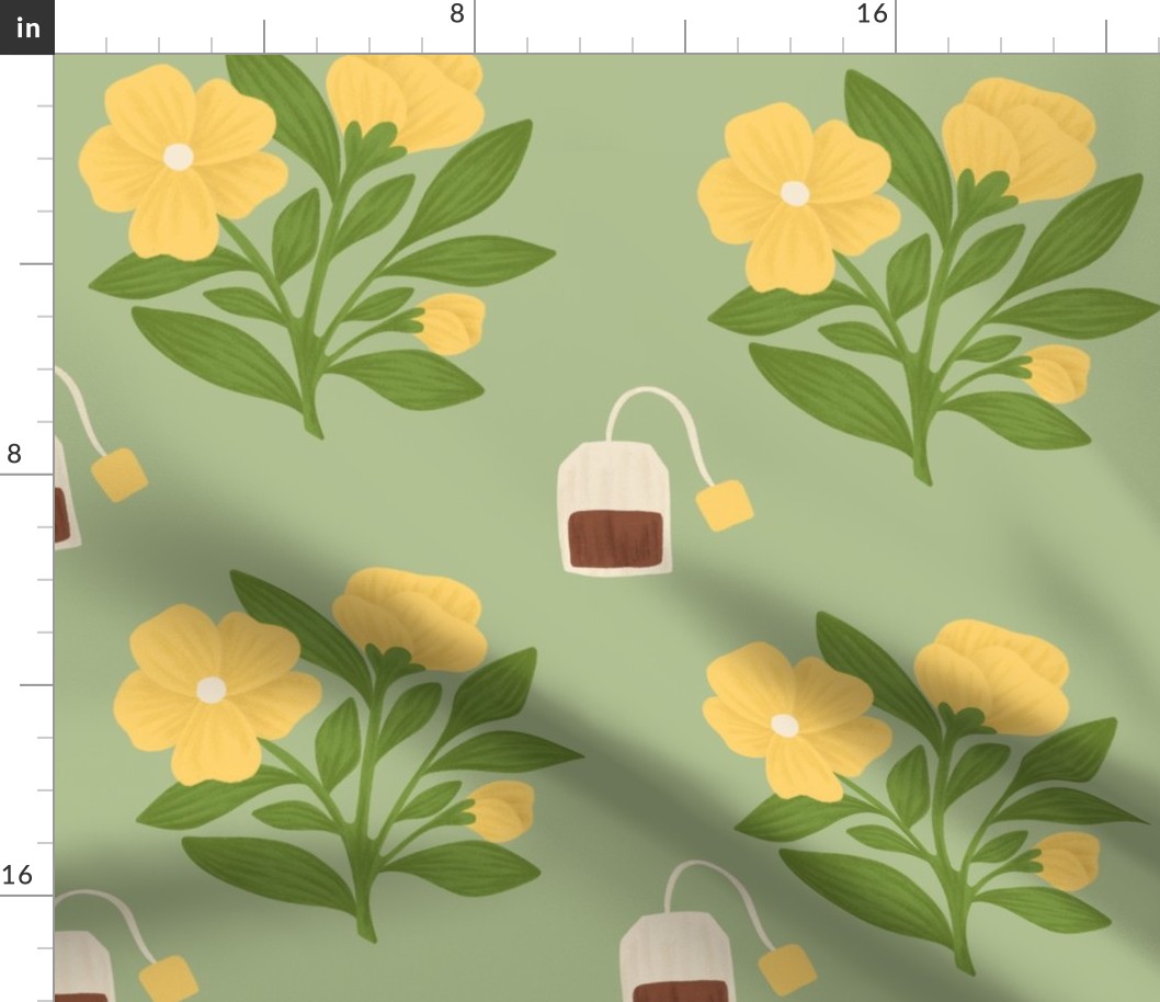 Yellow Camellia Sinensis Flowers, Tea Plant and Tea bags on Mint Green | Cozy Evening Tea Time Pattern