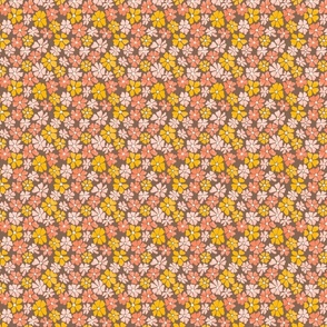 (XS) Vintage Flower Power, Yellow Coral and pink on brown, Summer, small
