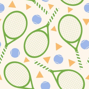 Tennis Racket and Ball - Sport Game with Rectangle in Cream background | Blue / Green / Orange | Court Sport | Large Scale