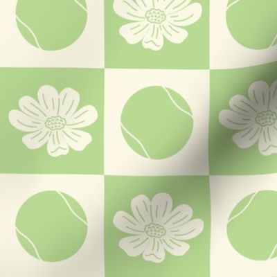 Tennis Ball and Flowers / Floral in Green Grid - Sport Game | Court Sport | Small Scale