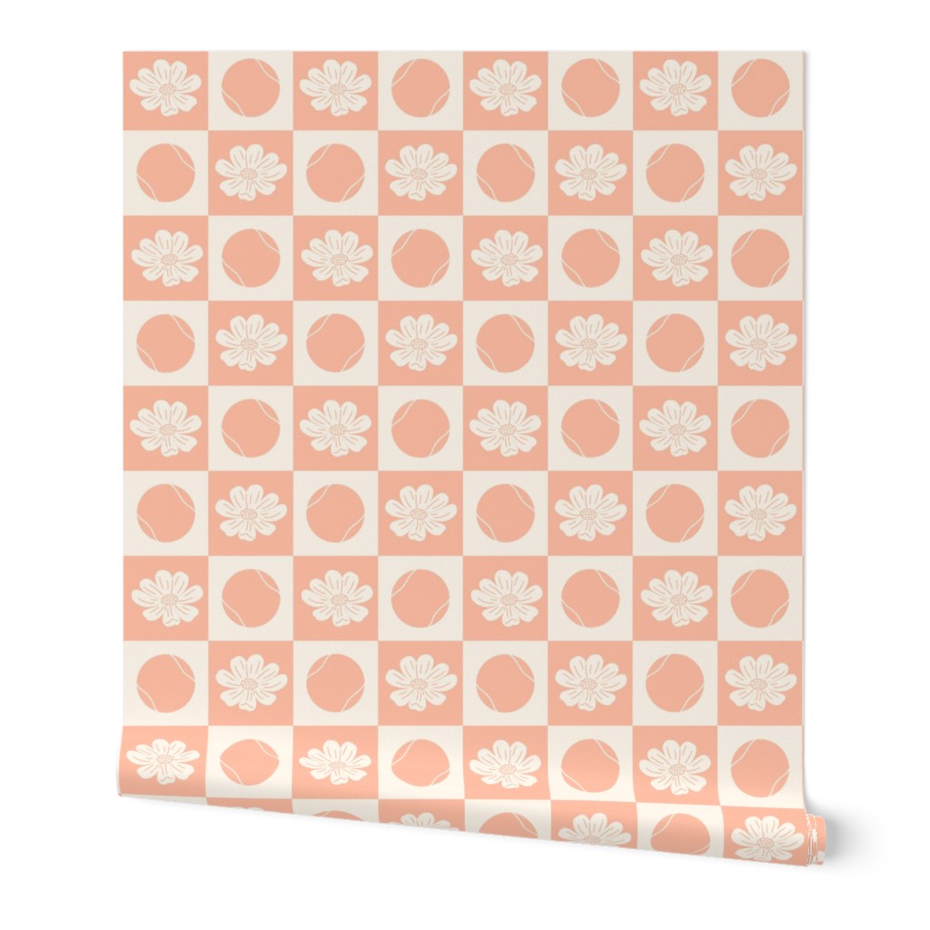 Tennis Ball and Flowers / Floral in Peach fuzz Grid - Sport Game | Court Sport | Small Scale