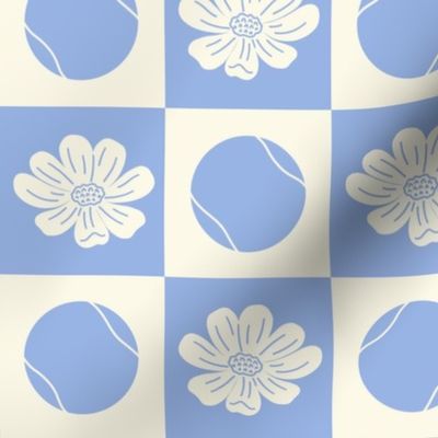 Tennis Ball and Flowers / Floral in Blue Grid - Sport Game | Court Sport | Large Scale