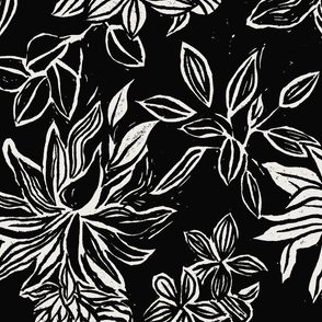 (L) Linocut flowers off-white on black 