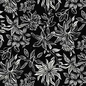 (M) Linocut flowers off-white on black 