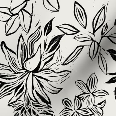 (M) Linocut flowers black on off-white