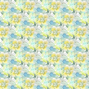 Sunny Meadow Full Bloom Watercolour Florals in Turquoise, Grey and Yellow