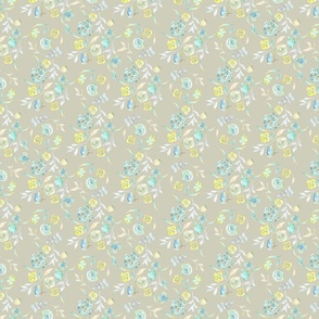 Sunny Meadow Tiny Turquoise, Grey and Yellow Watercolour Flowers in Beige