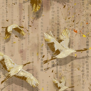 Japanese Cranes With Texture Gold & Beige Background 37.33"