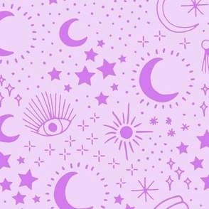 Mystic Universe party sun moon phase and stars sweet dreams neon purple on lilac