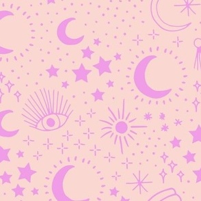 Mystic Universe party sun moon phase and stars sweet dreams bright pink on soft peach blush