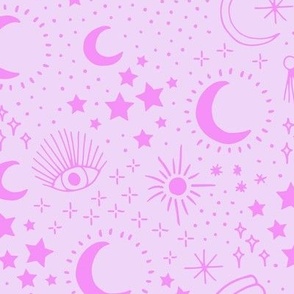 Mystic Universe party sun moon phase and stars sweet dreams bright pink on lilac