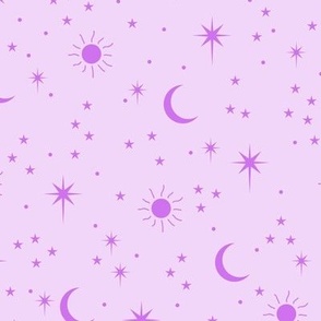 Mystic boho universe sun moon phase and stars sweet dreams modern nursery  neon purple on lilac