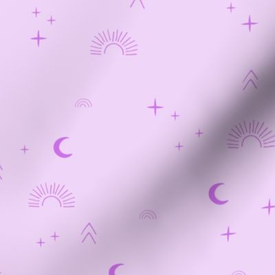 Magic boho sunshine moon and stars universe theme sparkle neutral nursery neon purple on lilac