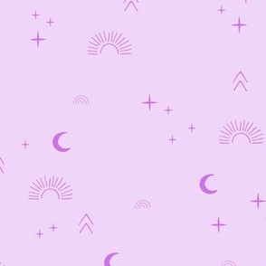 Magic boho sunshine moon and stars universe theme sparkle neutral nursery neon purple on lilac