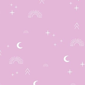 Magic boho sunshine moon and stars universe theme sparkle neutral nursery  white lilac