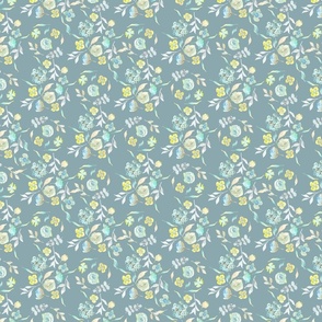 Sunny Meadow Tiny Turquoise, Grey and Yellow Watercolour Flowers in Duck Egg Blue