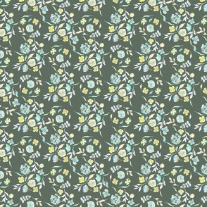 Sunny Meadow Tiny Turquoise, Grey and Yellow Watercolour Flowers in Khaki