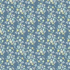 Sunny Meadow Tiny Turquoise, Grey and Yellow Watercolour Flowers in Teal