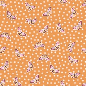 Dainty butterflies flying all over on cheerful orange background - mid size. 