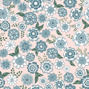  Bold blooms / hand drawn maximalist flowers in denim blue on pink