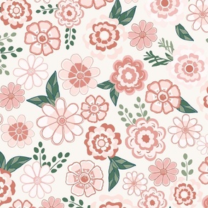 Bold blooms / hand drawn maximalist flowers in pink and coral on cream