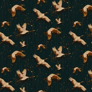 Japanese Cranes With Texture Gold & Dark Background 14"